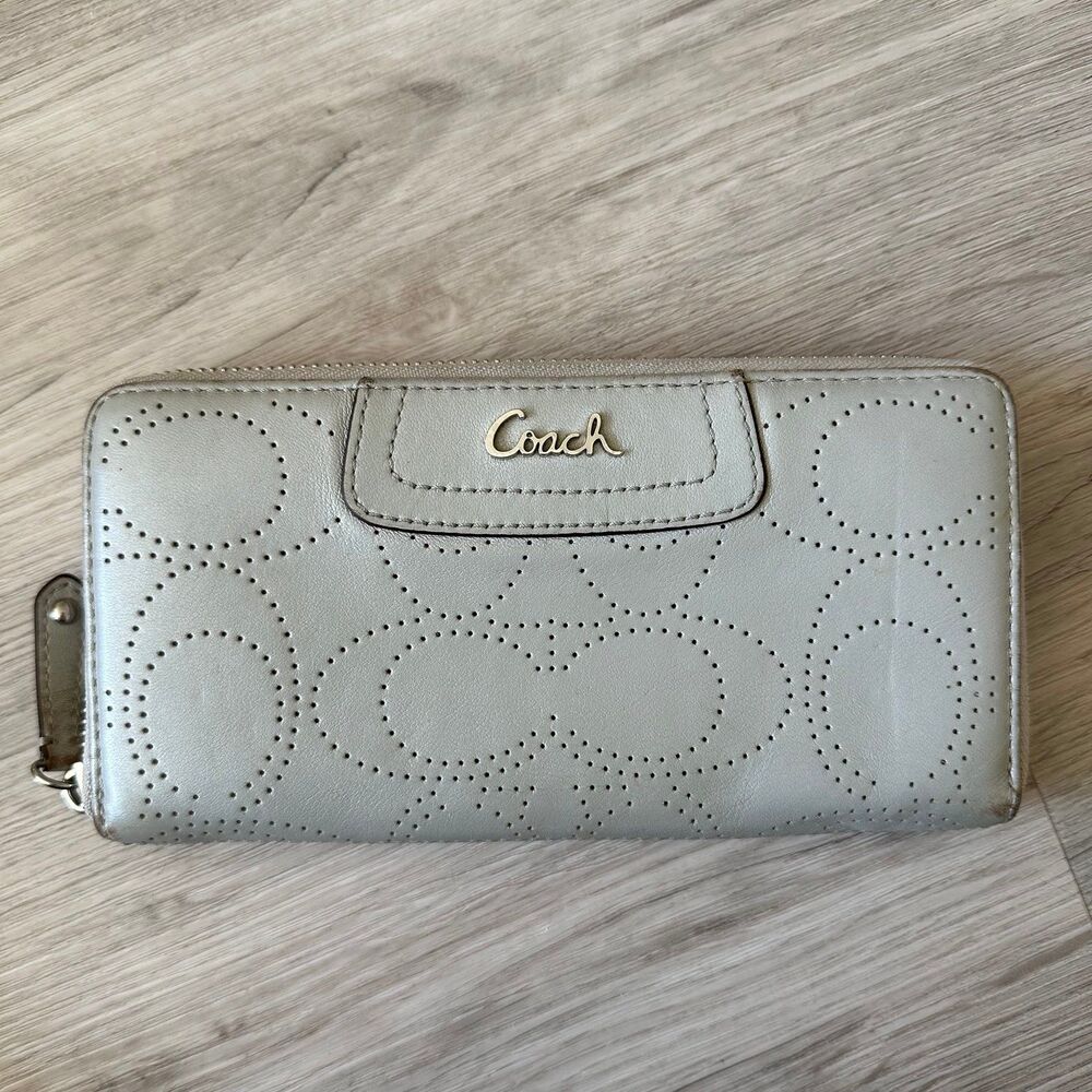 Coach Ashley Perforated Signature Zip Around Envelope Wallet Light Gray Leather